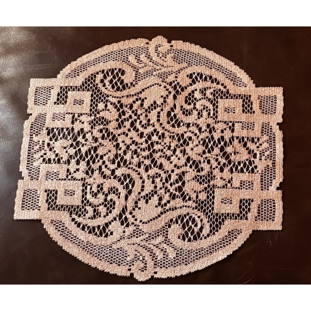 Vintage Art Deco Filet Crochet Doily Dusty Rose Pink Lace Centerpiece 11x12